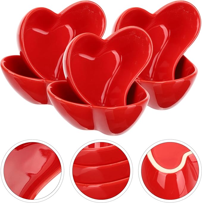 Alipis Heart Dipping Sauce Bowls 6Pcs Red Love Heart Shaped Ceramic Side Dish Bowl Appetizer Plates for Wedding Mothers Day Party