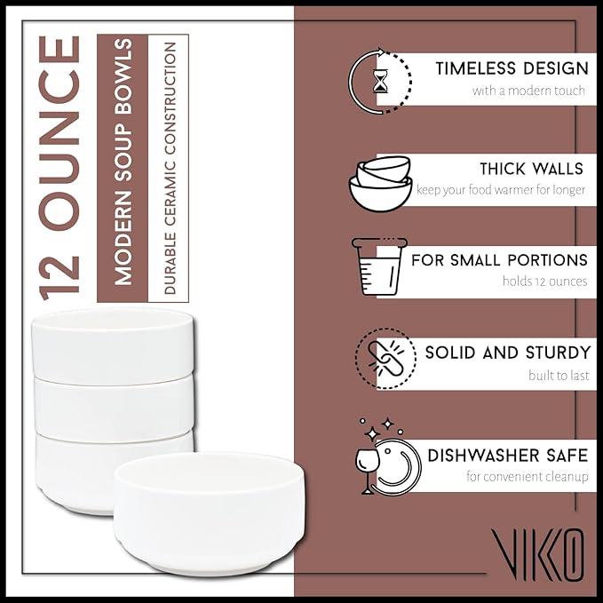 Vikko White Soup Bowls, Set of 4 for Kitchen, 12 Ounce Cereal, Small Ceramic Rice Bowls, Side Dishes, Microwave Safe