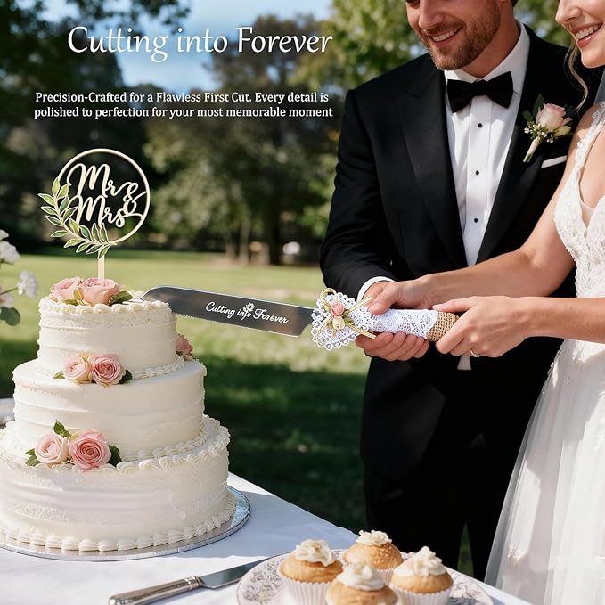 Wedding Cake Knife and Server Set – 10.83" Serrated Knife & 9.84" Server with Rustic Lace Burlap Handles, Stainless Steel Blades, for Bride & Groom, Anniversary & Engagement Gift (silver)