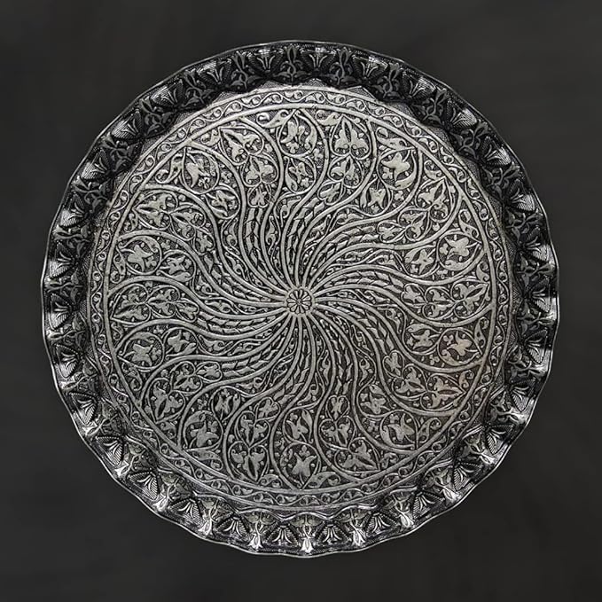 Alisveristime Turkish Ottoman Coffee Tea Serving Tray – 11.8 Inches, Wavy Zamac Tray with Traditional Motifs, Available in Five Color Variations (Black)