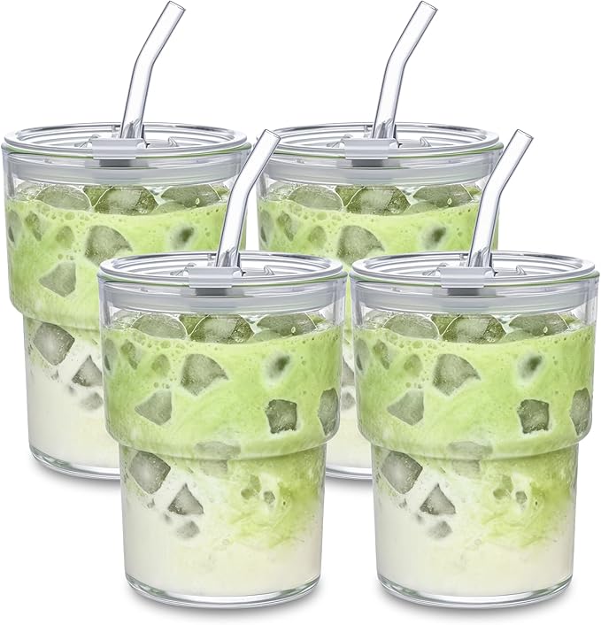 MINGHYZYA 13oz Iced Coffee Cup, Reusable Glass Tumbler with Straw and Lid, Thick Wall Glass Cups with Lids and Straws for Matcha, Smoothies, Drinking Glassware Water Cups (clear-4pack)