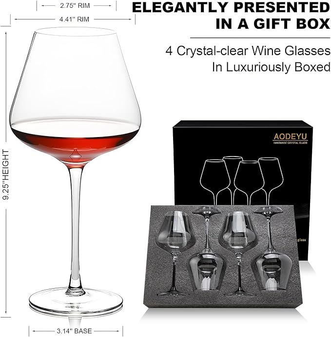 Set of 4 Burgundy Wine Glasses, 23 Ounce Hand Blown Crystal Red Wine Glass, Gift-Box for any Occasion, Italian Style, Lead-Free Premium Crystal Clear Glass