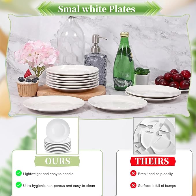 Ceramic Dessert Plates Set of 8, 6 Inch White Appetizer Plates, Round Small Plate for Cake Snacks, Porcelain Serving Plate for Appetizers, Microwave Oven and Dishwasher Safe (8 Pcs)