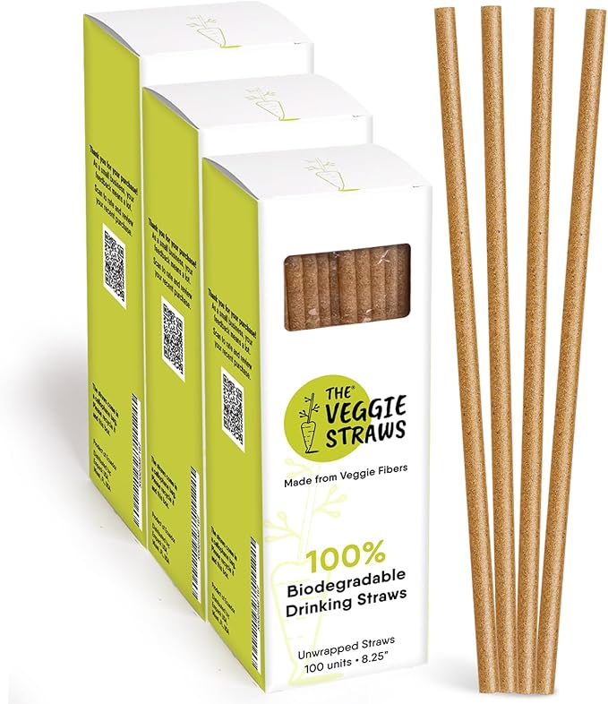 – 300 PCS of 8.25 Inches Unwrapped Biodegradable Straws – Made of Vegetable Fibers, Best Environment Friendly Drinking Straws for Hot and Cold Beverages