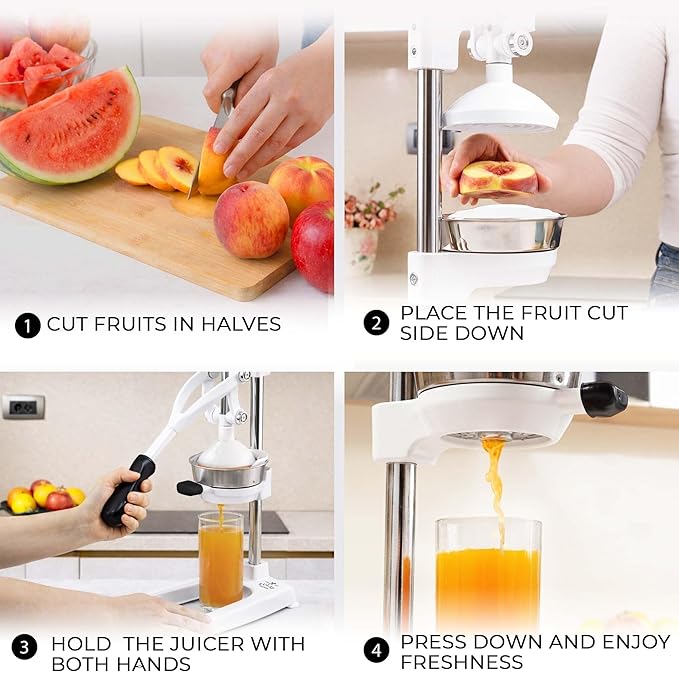 Zulay Kitchen 9 in 1 Cast Iron Juicer - Easy-to-Clean Heavy-Duty Manual Juicer with Presser Attachment to Juice All Types of Fruits! Extra Tall with Stainless Steel Bowl - White