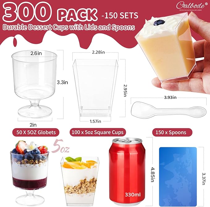 150 Dessert Cups with Spoons Sets, 5oz Mini Clear Plastic Disposable Parfait Cups, Small Serving Bowl for ice cream, Square Dessert Shot Glasses Round Goblets for Christmas Party (300pcs)