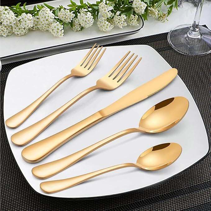 Vesteel 45 Pieces Gold Silverware Set with Serving Utensils, Stainless Steel Modern Flatware Cutlery Set for 8, Eating Utensils Tableware Include Forks Knives Spoons, Mirror Polished