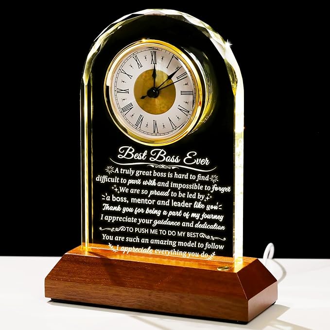 Glass Clock Best Boss Ever Gifts for Women with Wooden LED Light Base, Personalized Appreciation Gift for Men, Retirement Clock for Lady Boss Going Away, Boss's Day Gift Idea for Office Desk Clock