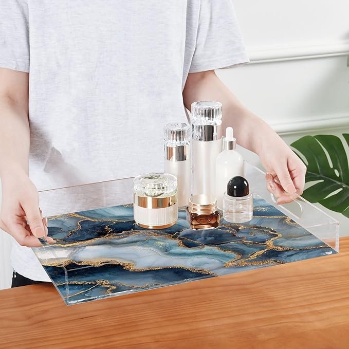 Serving Tray with Handles Clear Acrylic Tray 12x16 Inch Decorative Rectangular Tray Organizer for Ottoman Coffee Table Bathroom Blue Marble and Gold Lines Retro