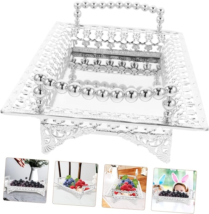 Nordic Style Metal Fruit Plate with Handle Mirrored Snack Tray for Fruits and Appetizers Silver Color Decorative Serving Tray for Residential and Commercial Use