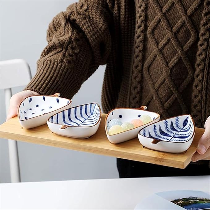 Condiment Tray Japanese Style Leaf Shape Ceramic Sauce Dishes 3.35 Inch Condiments Dish Dipping Plates Soy Sauce Vinegar Appetizer Dishes or Seasoning（with Tray） Dip Sets(B)