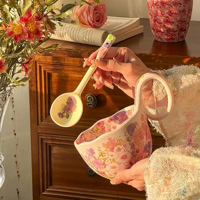 16.91oz/500ml Handpainted Soup Bowl with Handle,Ceramic Cereal Bowl Microwave & Dishwasher Safe,Loop Handle Bowl Great for Soup,Yogurt,Snack,Chip,Stew,Ice Cream,Coffee (Hollyhock-Pink)