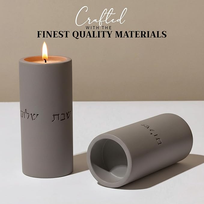 SURI Shabbat Candle Holders Set – Modern Judaica Gift for Shabbos & Jewish Holidays – Concrete Dripless Candle Holders for Tea Lights, Short & Tall – Minimalist Jewish Home Decor
