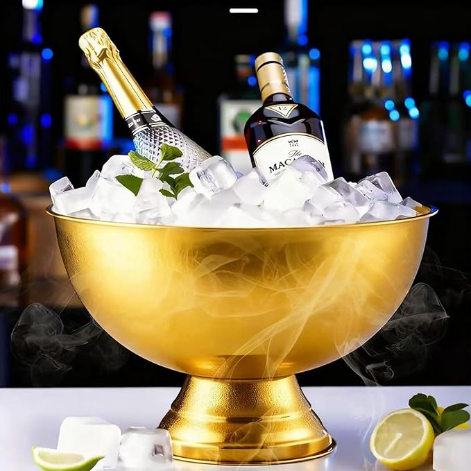 Large Ice Bucket 13L Stainless Steel Champagne Bowl Ice Bucket with Ice Scoop Semicircle Drink Tub with Integrated Base Silver Beverage Tub for Parties, Cocktail Bar, Chilling Wine (1 Pack-Gold)