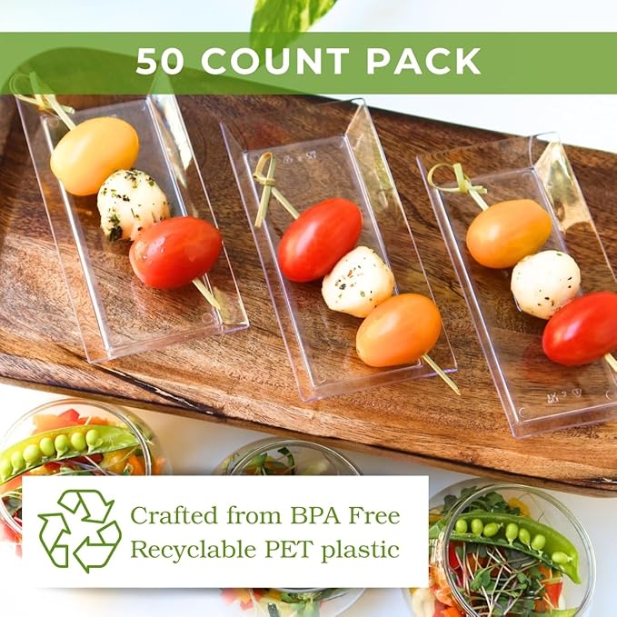 50ct Small 5" Clear Rectangle Mini Dessert Plastic Plates | Disposable Tiny Appetizer Serving Tray | Recyclable Clear Plastic Plates | Perfect for Mini Appetizer Plates for Parties, Weddings CMJJ