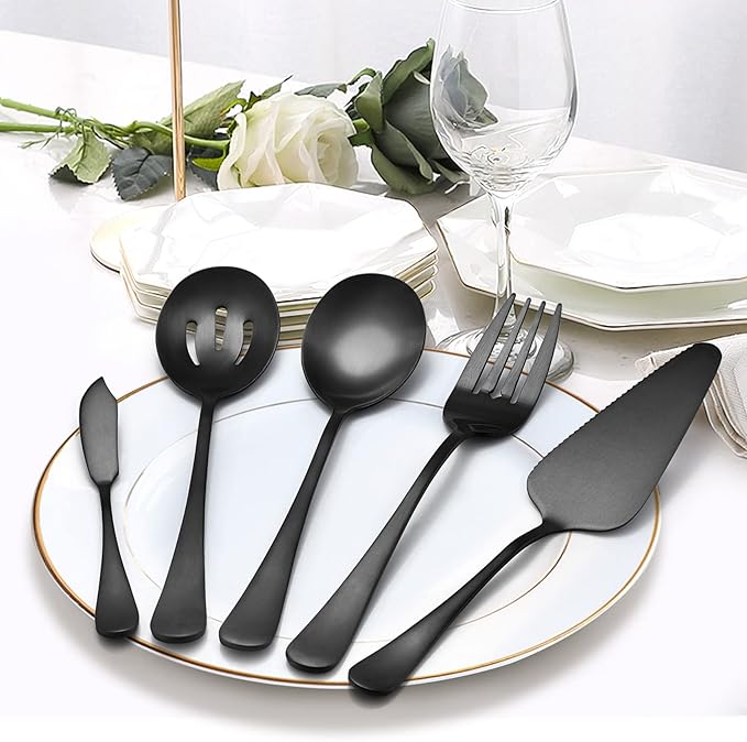 LIANYU 5-Piece Matte Black Serving Utensils Set, Stainless Steel Flatware Serving Set, Ideal for Buffet Catering Party, Satin Finish, Dishwasher Safe