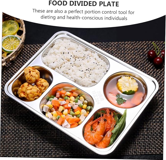 Cabilock 1pc Stainless Steel Food Plate Section Serving Tray Divided Lunch Compartment Stackable
