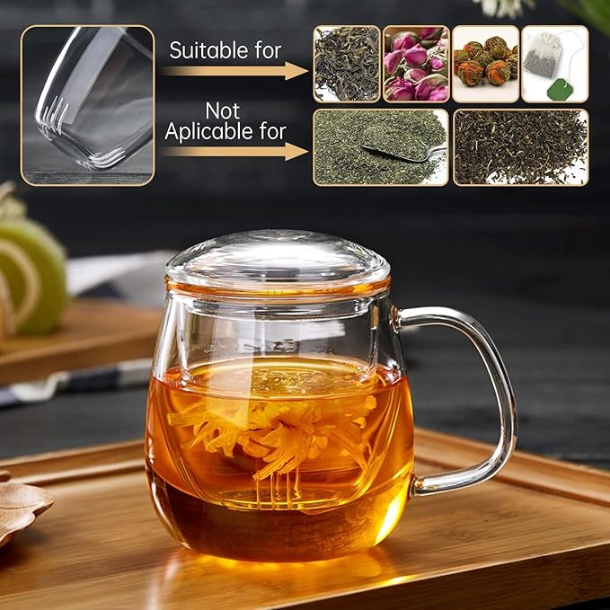 Glass Teacups 4 Pack Glass Tea Cup with Infuser and Lid, 17.6oz/520ml Large Borosilicate Teacup,Tea Clear Mug Cup for Loose Leaf Blooming Tea, Microwave & Dishwasher Safe.