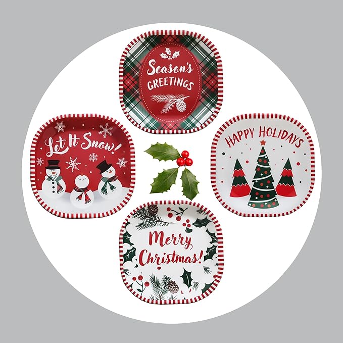 Kane Christmas 8-inch Melamine Appetizer Plates, Set of 4, for Dinner and Decorating, Salad or Dessert Dinnerware