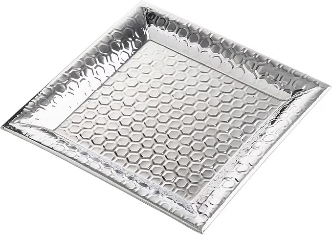 TableCraft 12843 Hive Collection Square Serving Tray, Stainless Steel with Mirror Honeycomb Pattern, Flat Display Tray for Catering & Buffet Service, 14 x 14 x 1 Inches