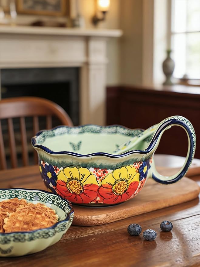 silesia Handmade Ceramic Soup Bowl, 30 oz Hand Painted Bowl with Loop Handle, Floral Design Cereal Bowl for Soup, Ice cream, Snack, Microwave & Dishwasher Safe (Glazed Green)