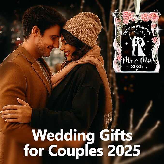 NewEleven Wedding Gifts - Mr and Mrs, Bridal Shower Decorations - Wedding Gifts for Couples 2025, Bride Gift for Friends - Just Married Glass 2025 Ornament