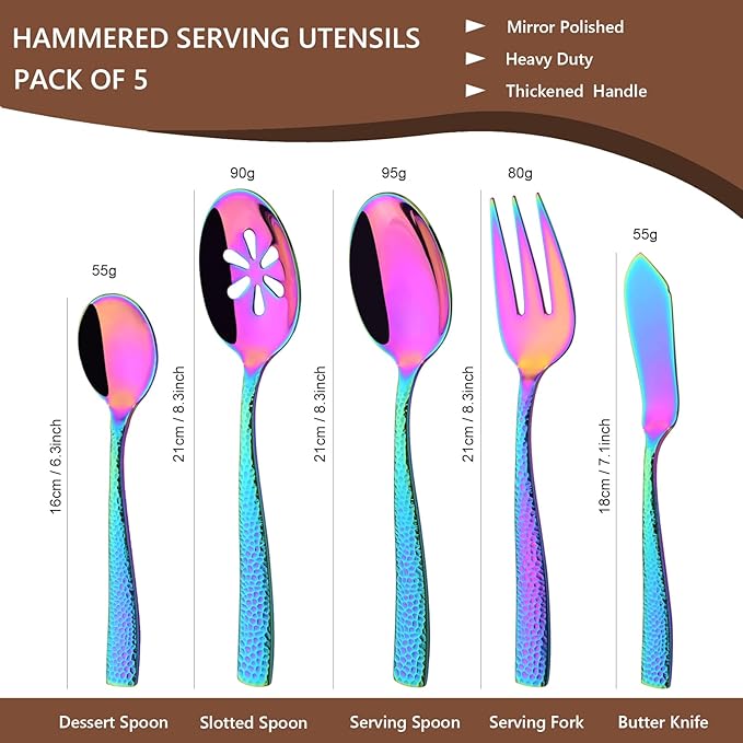 Serving Utensils Set, 5-Piece 18/8 Stainless Steel Hostess Serving Set, Elegant Hammered Serving Utensils for Home Restaurant and Buffet Catering, Heavy and Mirror Polished, Rainbow