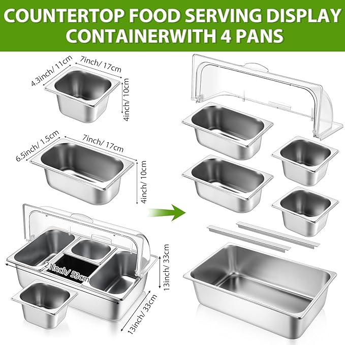 4 Pans Countertop Ice Food Serving Display Container and Clear Roll Top Cover Stainless Steel Condiment Dispenser Serving Tray Salad Bar Buffet Station for Restaurant Hotel Kitchen Party