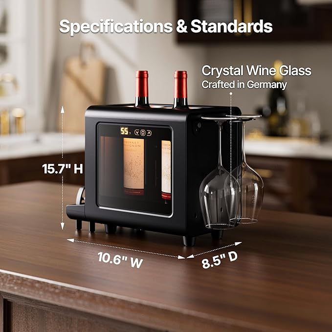 Ca'Lefort Electric Wine Chiller - 46-64°F Wine Cooler for 2 Standard Bottles (3.6" Dia.), All-in-1 Set Electric Opener & 2 Glasses, Perfect for Red, White, Champagne at Home/Office, Gift for Men Women
