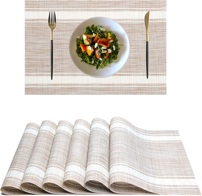 Placemats,PlasticVinyl Washable Heat-Resistant Durable PVC Non-Slip Woven for Kitchen Dining Table Mats (Set of 6, White Beige)
