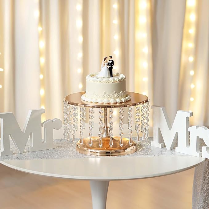 2 Pcs Gold Metal Mirror Cake Stand Set with Crystal Pendants - 11.8"W Elegant Dessert Table Display for Weddings, Birthday Parties, Baby Showers, Events - Sturdy Crystal Bling Cupcake Stands for Pastries, Sweets, Decorations