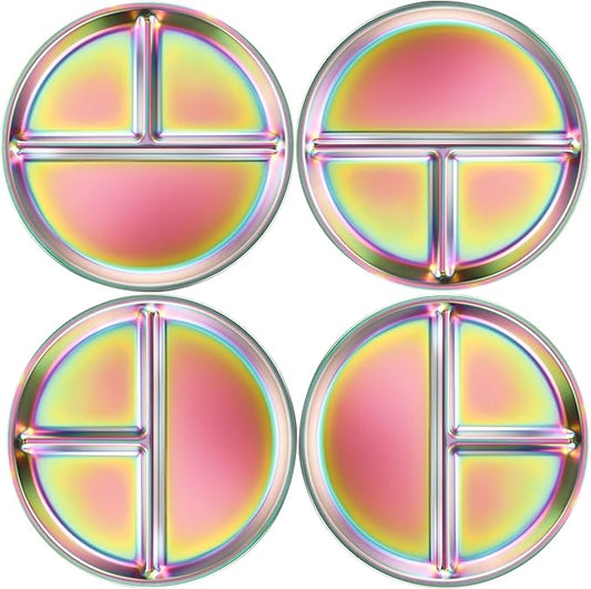 Stainless Steel Kids Plates 4 Packs, 8" Divided Toddlers Portion Control Plate, Non Toxic & BPA Free |Unbreakable |Dishwasher Safe Baby Snack Dish for Daycare, Colorful Meal Time Chums