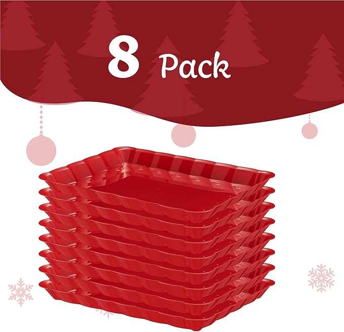 Plasticpro Plastic Serving Trays - Serving Platters Rectangle 9X13 Disposable Party Dish Includes 8 Red Christmas Trays