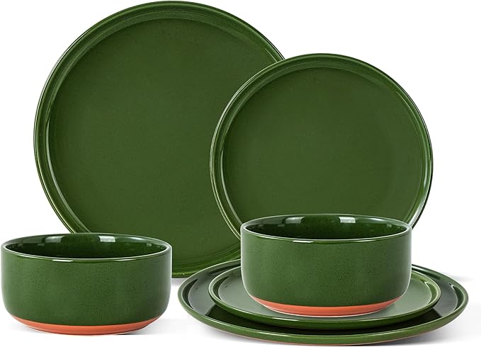 Plates and Bowls Sets, 6Piece Ceramic Dinnerware Set for Family and Gatherings,Dishes Set for 2,Dishwasher & Microwave Safe, Handcrafted Dishware Sets，Elegant Green