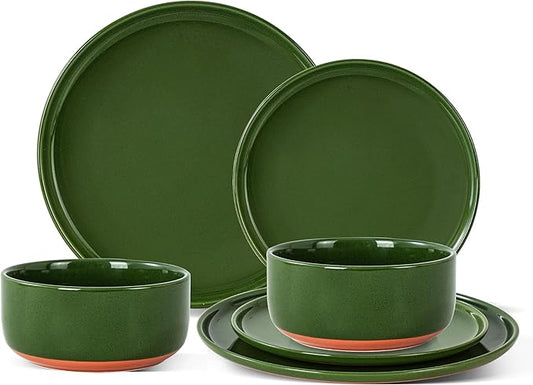 Plates and Bowls Sets, 6Piece Ceramic Dinnerware Set for Family and Gatherings,Dishes Set for 2,Dishwasher & Microwave Safe, Handcrafted Dishware Sets，Elegant Green
