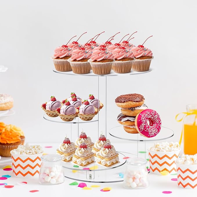 Acrylic Tiered Cake and Cupcake Stand, 4 Tier Dessert Pastry Display Tower Stand for Wedding, Birthday Bar, Graduation, Baby Shower, Afternoon Tea Party Décor