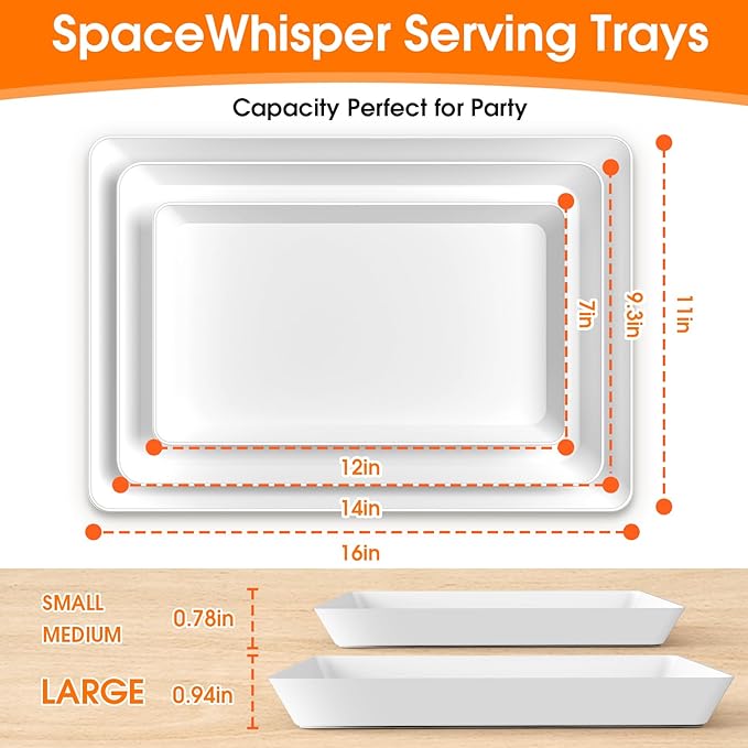 SpaceWhisper 3 Pack Serving Tray, Serving Platters for Snacks, Fruit, Cookies, Dessert, Large Reusable Rectangular Party Platters, 3 Size Set Large 16 * 11",Medium 14 * 9",Small 12 * 7"