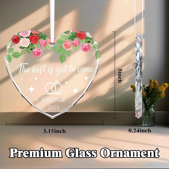 Engagement Gifts for Couples 2025 - First Christmas Just Engaged Ornament for Bride to Be Gifts,Heart Shaped Glass Keepsake for Couples Newly Engaged, Fiance, Women, Her (Red)