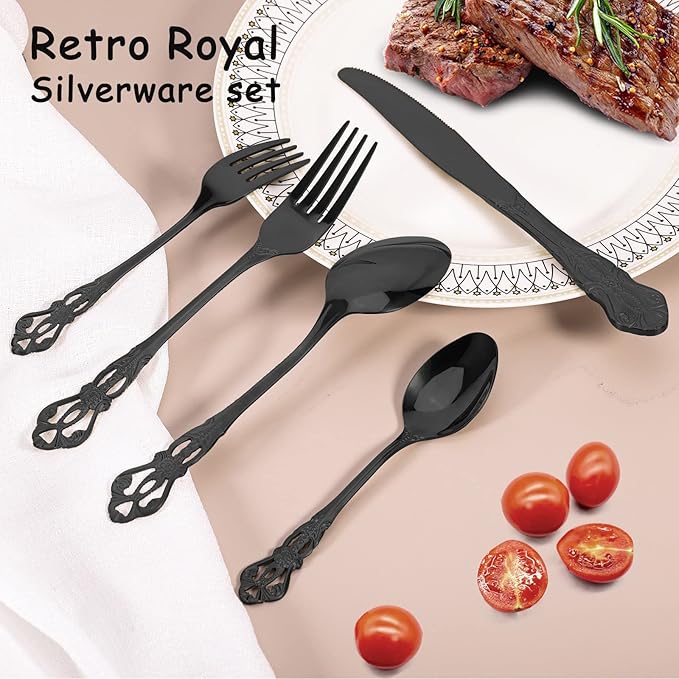 40 Piece Gorgeous Retro Royal Black Silverware Set for 8, Premium Stainless Steel Flatware Set with gift box, Mirror Polished Cutlery Set Including Spoons and Forks, Vintage Utensils, Dishwasher Safe