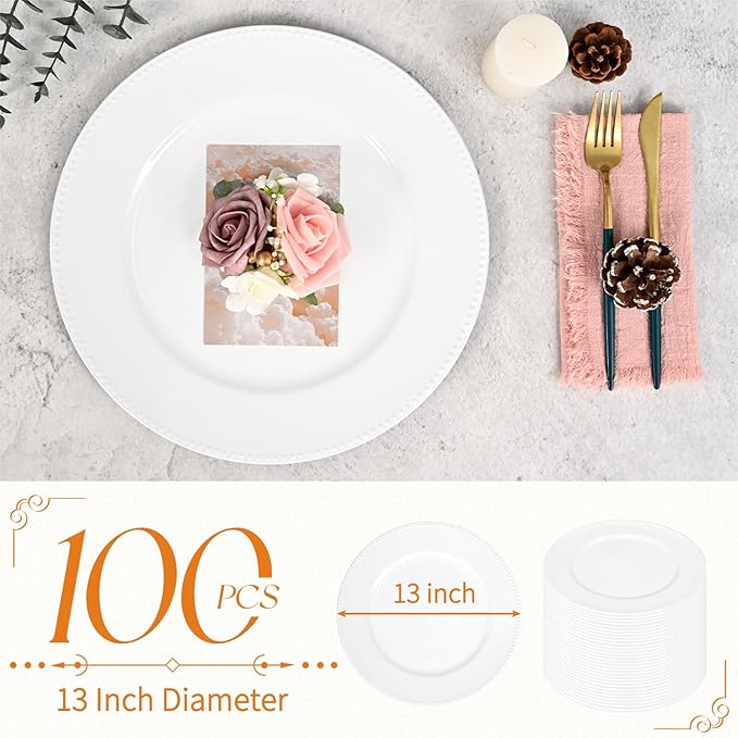 fani 100 Pcs White Charger Plates Bulk, 13'' Round Beaded Dinner Charger Plates, Plastic Reusable Vintage Table Decoration for Wedding, Party, Reception, Event, Holiday Supplies