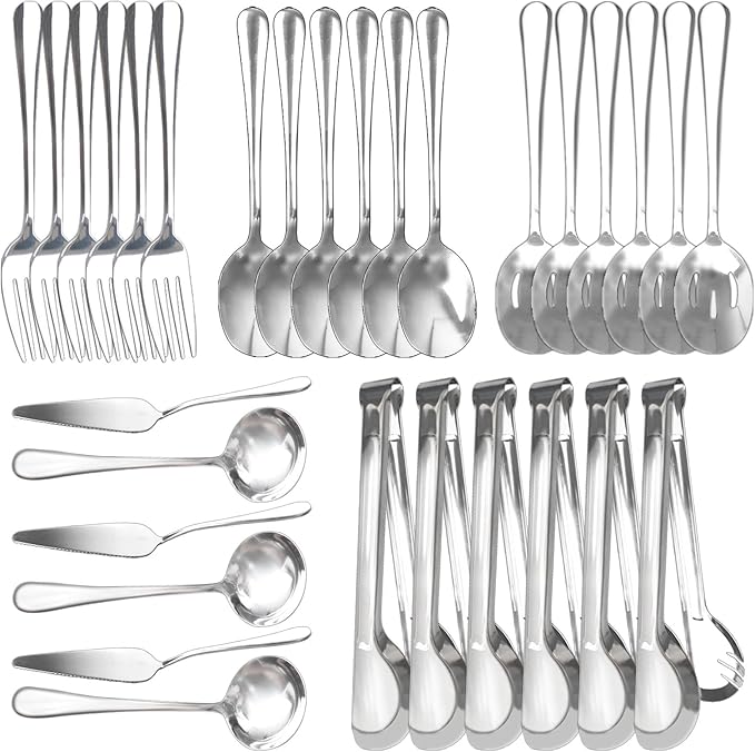 30 Pcs Stainless Steel Serving Utensils Set,With Large Spoons, Slotted Spoons, Forks, Soup Ladle, Pie Server, and Tongs for Home Buffet Party Supplies(Silver)