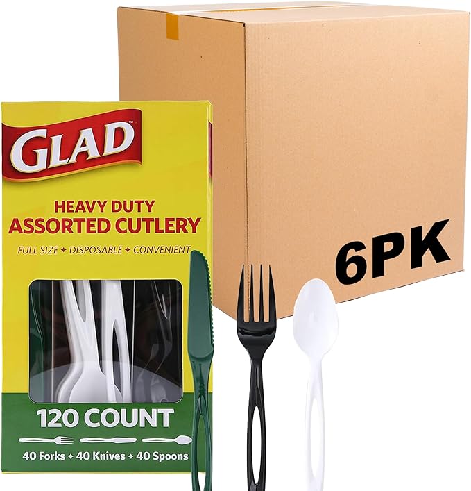 Glad Plastic Assorted Disposable Cutlery Set, Green, White and Black - Includes Forks, Knives, and Spoons - Set of Sturdy, Heavy Duty Party Utensils, 120 Count - 6 Pack