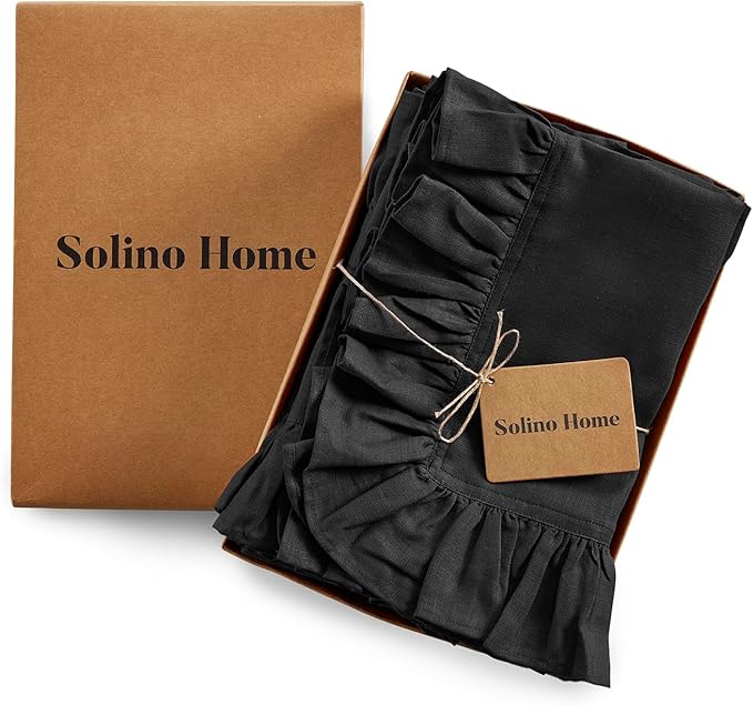 Solino Home Linen Ruffle Cloth Napkins Set of 4-100% Pure Linen Black Dinner Napkins 20 x 20 Inch for Winter, Christmas, New Year - Gabrielle Ruffle, Handcrafted and Machine Washable