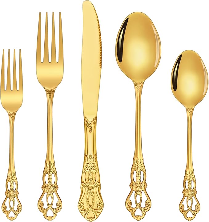 Gold Silverware Set, Ollex 40-piece Retro Silverware Set for 8 with Stainless Steel Fork Spoons Knives Vintage Flatware Set for Dairy Kitchen Party Gold Utensils Set, Dishwasher Safe