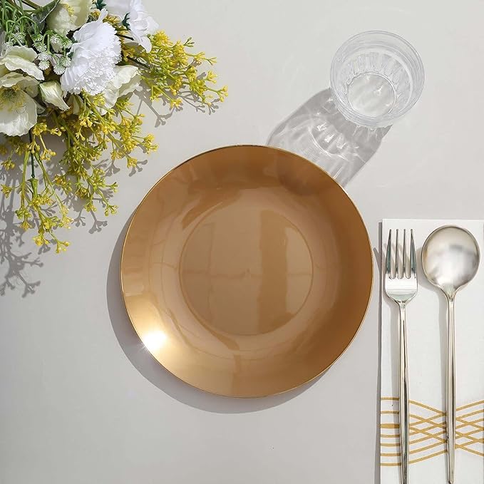 Efavormart 10 Pack | 8" Glossy Gold Round Plastic Dinner Plates With Gold Rim, Disposable Party Plates