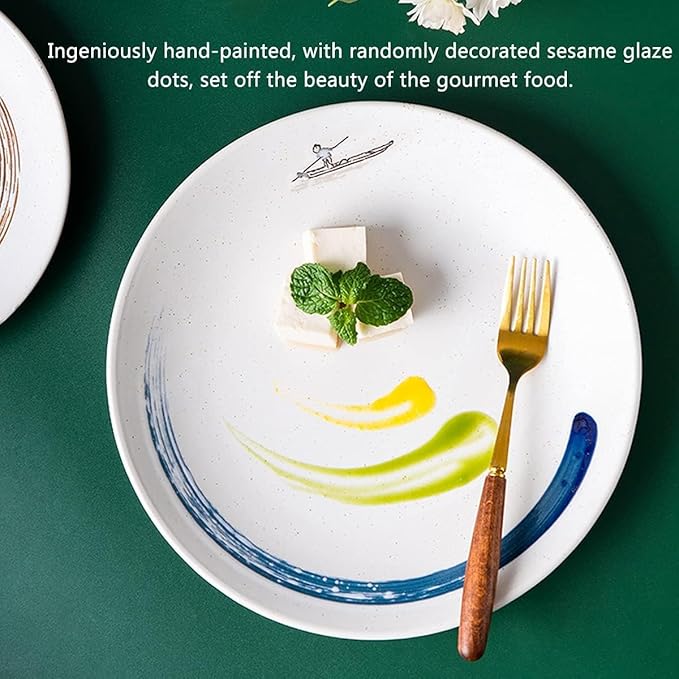 Dinner Plates,Ceramic Dinnerware, Green Lines Stripes Round Dinnerware Set, Japanese Style Tableware Serving Platters, Microwave & Dishwasher Safe, Dinnerware Dishes for Dessert, Salad, Pasta,10inch