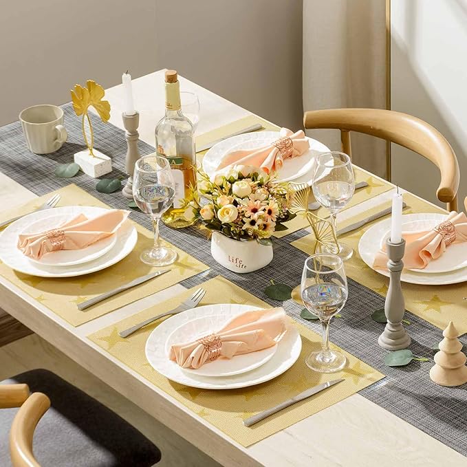 AHHFSMEI Placemats for Dining Table Set of 8 Woven Vinyl Plastic Place Mats Non-Slip Heat Insulation Stain Resistant Table Mats Washable Easy Clean Placemats (Gold Star 8)