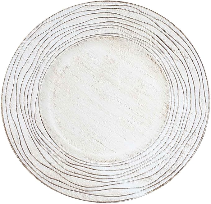 Efavormart 6 Pack | 13" White Washed Rose Embossed Faux Wood Plastic Charger Trays, Round Disposable Serving Plates