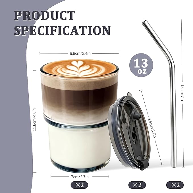 Lyghei 2 Packs Glass Tumbler with Lid and Straw 13 oz Cute Ice Coffee Cup Set Bulk Vasos de Vidrio Con Tazas Para Cafe Cocina Accesorios Home Bar Accessories New House Warming Gift Kitchen Stuff