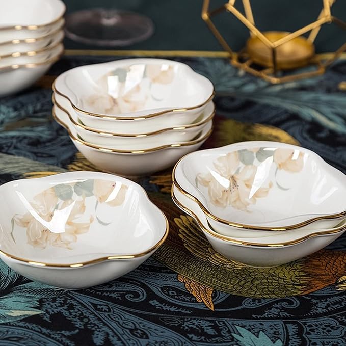Gold Rim Ceramic Tableware Set Handmade Modern White China Ceramic Floral Tableware Set Suitable for Family Hotel Restaurant 62 Piece